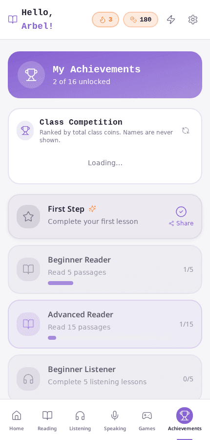 Achievements and class competition ranked without names