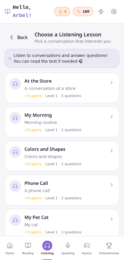 Listening lessons list with en-US audio