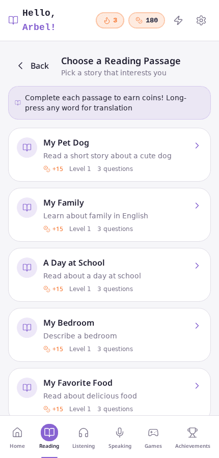 Reading passage list, each with coin reward and level
