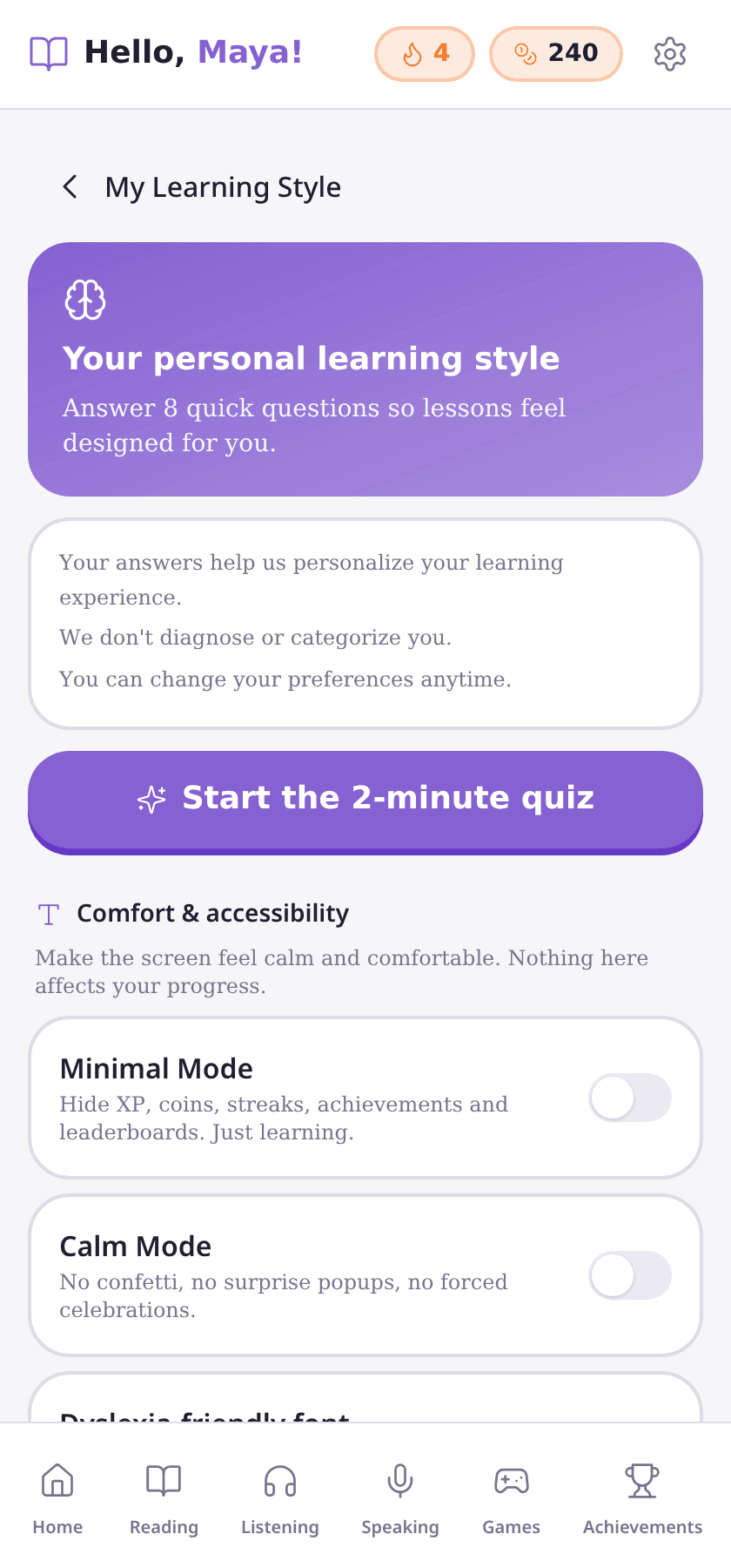 V6 non-diagnostic personalize-your-learning quiz
