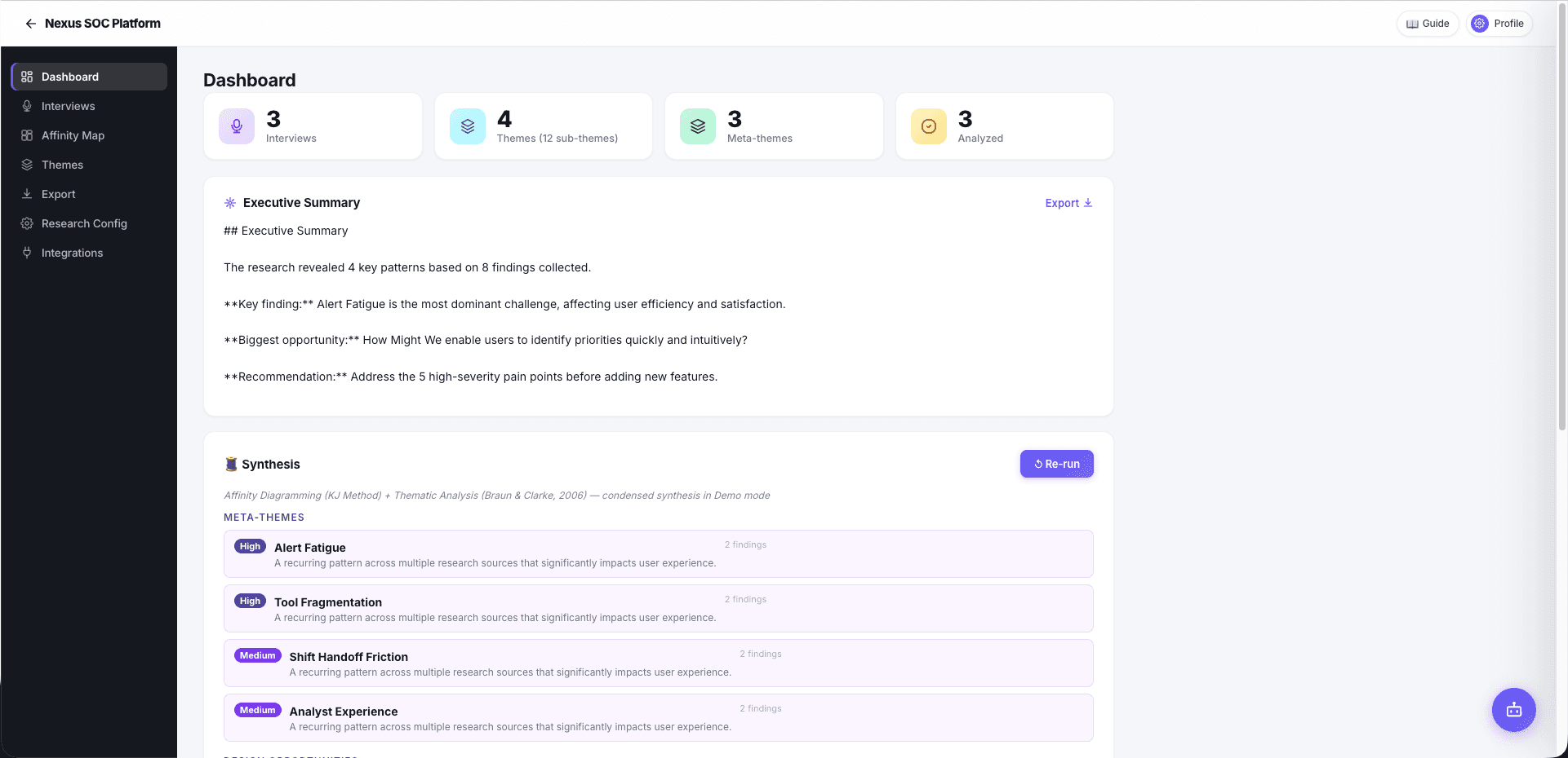 Dashboard showing interviews, themes, meta-themes, a living executive summary, and severity-tagged synthesis